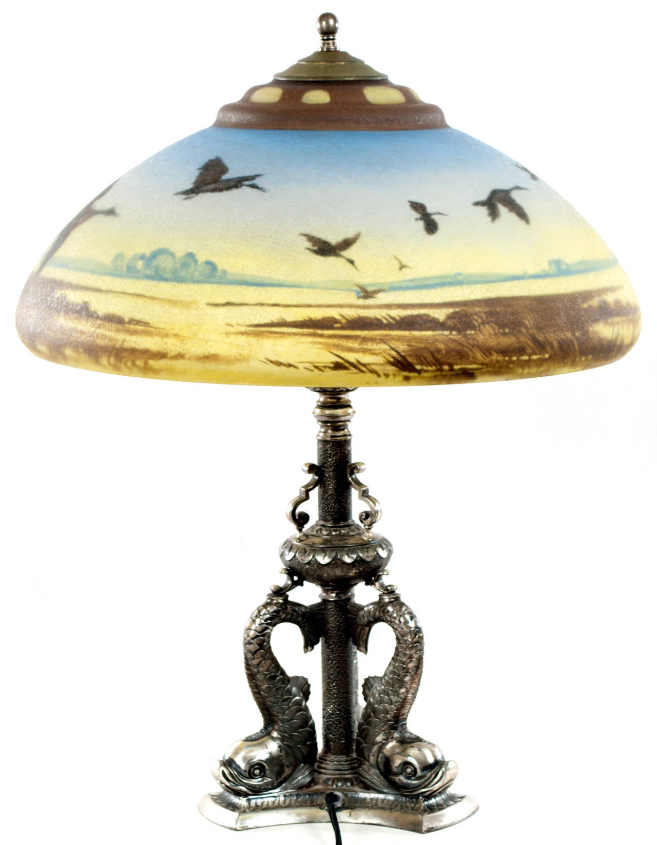 American Pair Point Glass Table Lamp, Table Lamp Dolphin Base