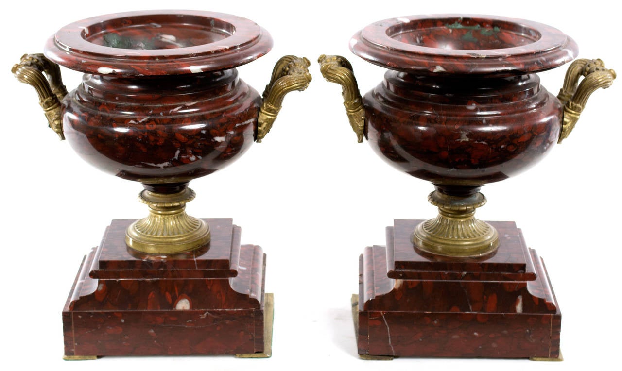 A Pair of French Red Marble Ormolu Urns In Good Condition In Salt Lake City, UT