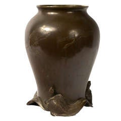 Japanese Art-Nouveau Bronze Vase with Cranes and Turtles