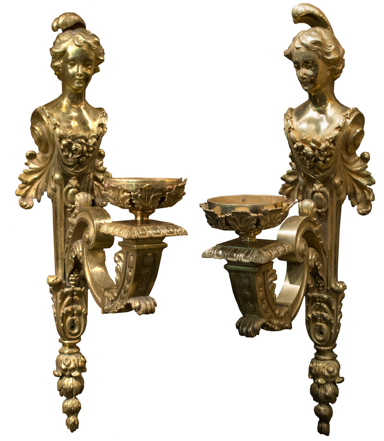 In the style of Baroque works, these two sconces feature two beautiful nineteenth-century women in seventeenth-century costume, carefully sculpted and chased. (The sconces can be wired upon request.)