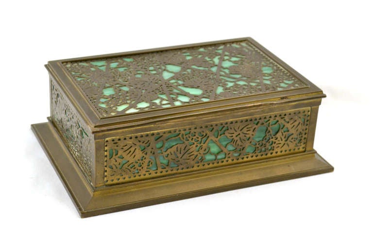 A gilt bronze and green slag-glass box stamped 