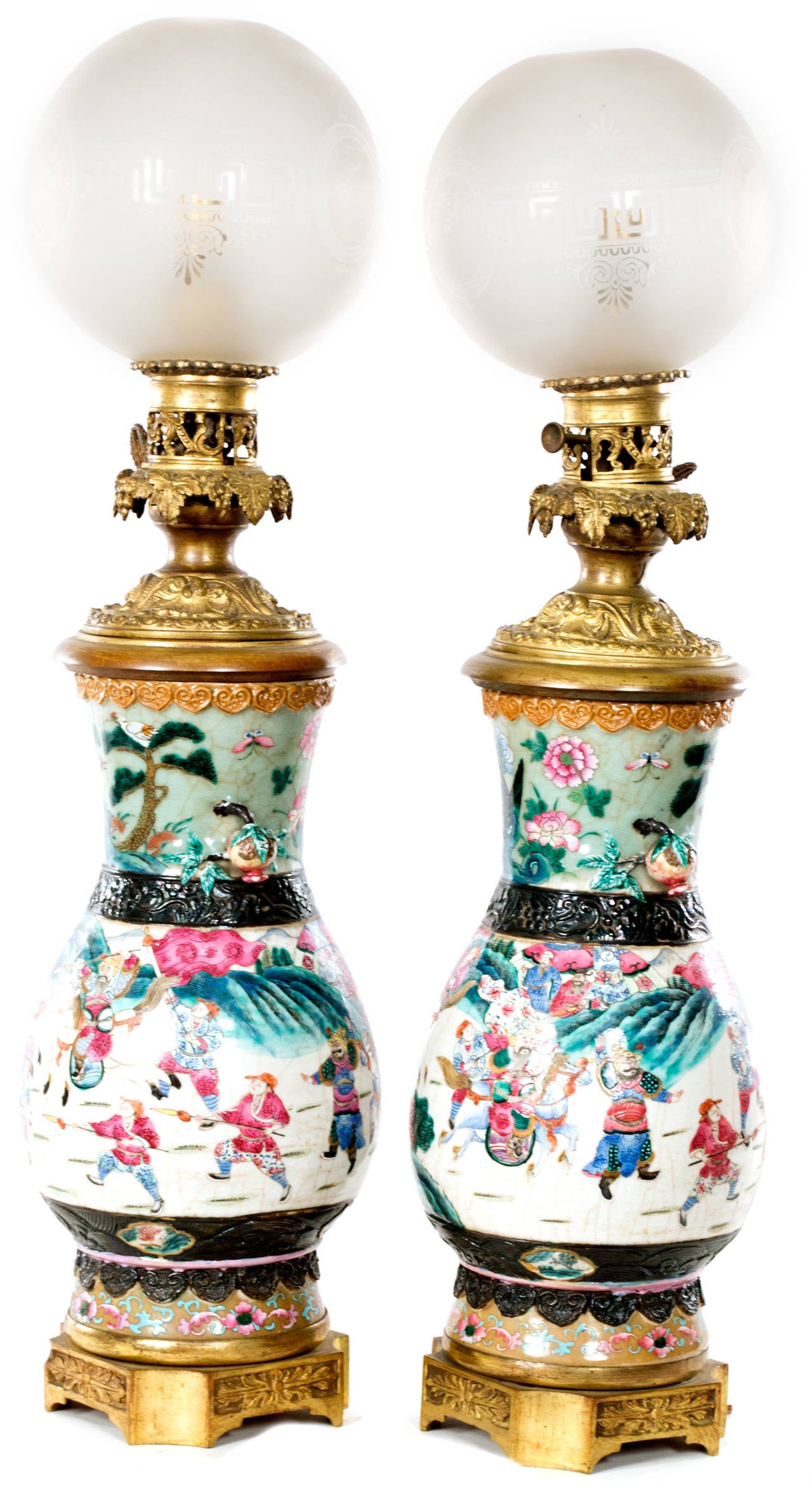 Brass Pair of Famille Rose Late 19th Century Chinese Porcelain Lamped Vases