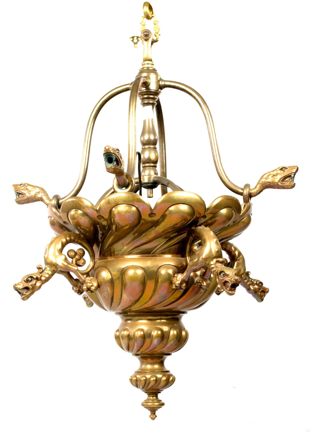 A brass pendant light with snakes and dragons, made during the last quarter of the nineteenth century and not yet wired. The light can be wired at additional cost.