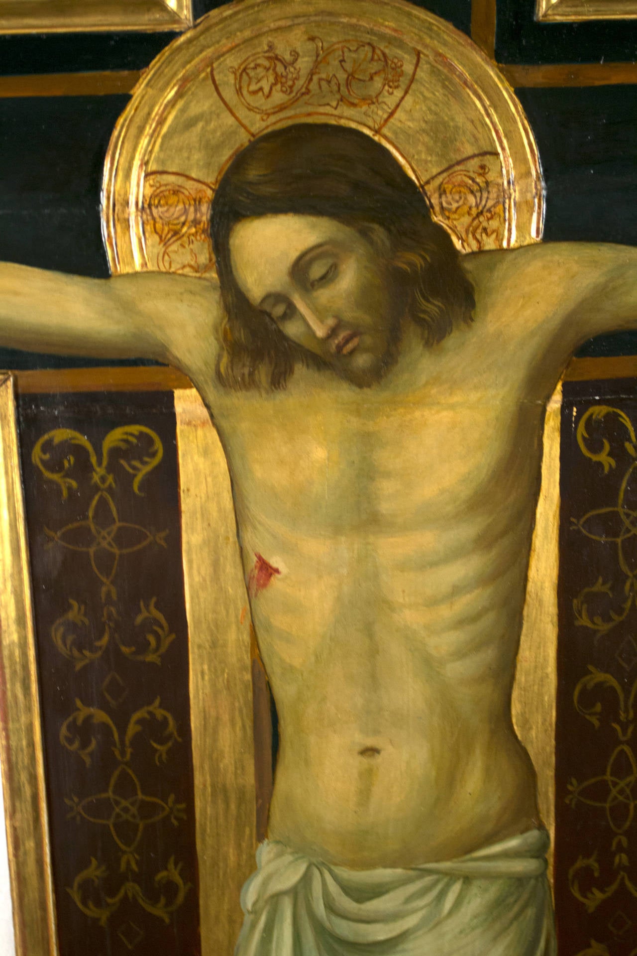 19th Century Monumental Crucifix with Painting of Christ, Mary, and John