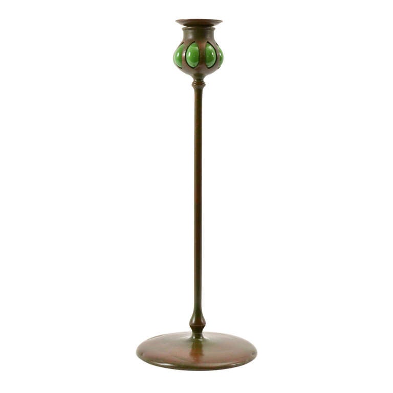 A Tiffany Bronze And Green Glass Candlestick at 1stdibs
