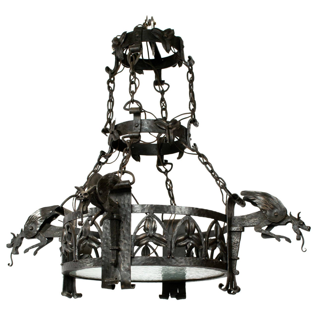 French Wrought Iron Arts and Crafts Chandelier with Dragons at 1stDibs