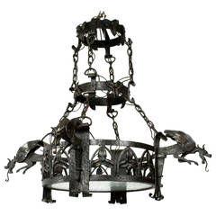 Antique French Wrought Iron Arts and Crafts Chandelier with Dragons