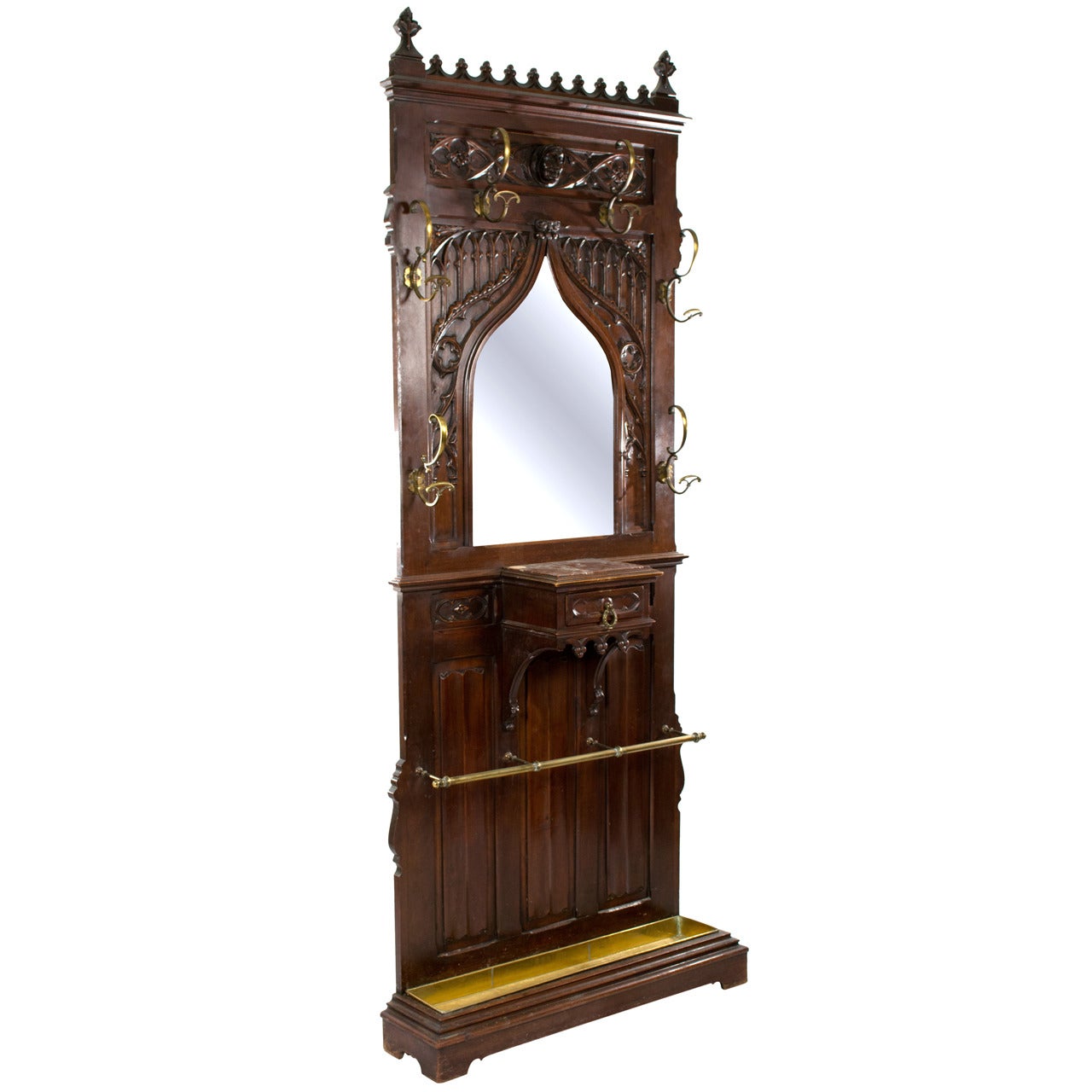 French Gothic Hall Tree with Elaborate Carving and Bevelled Mirror