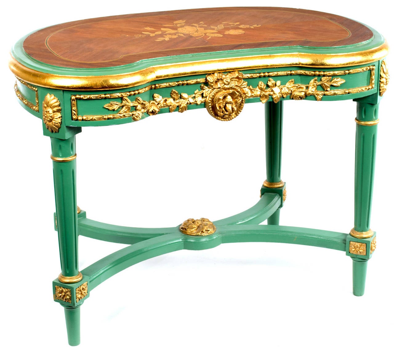 Gilt Venetian Louis Xvi Stool with Marquetry Top