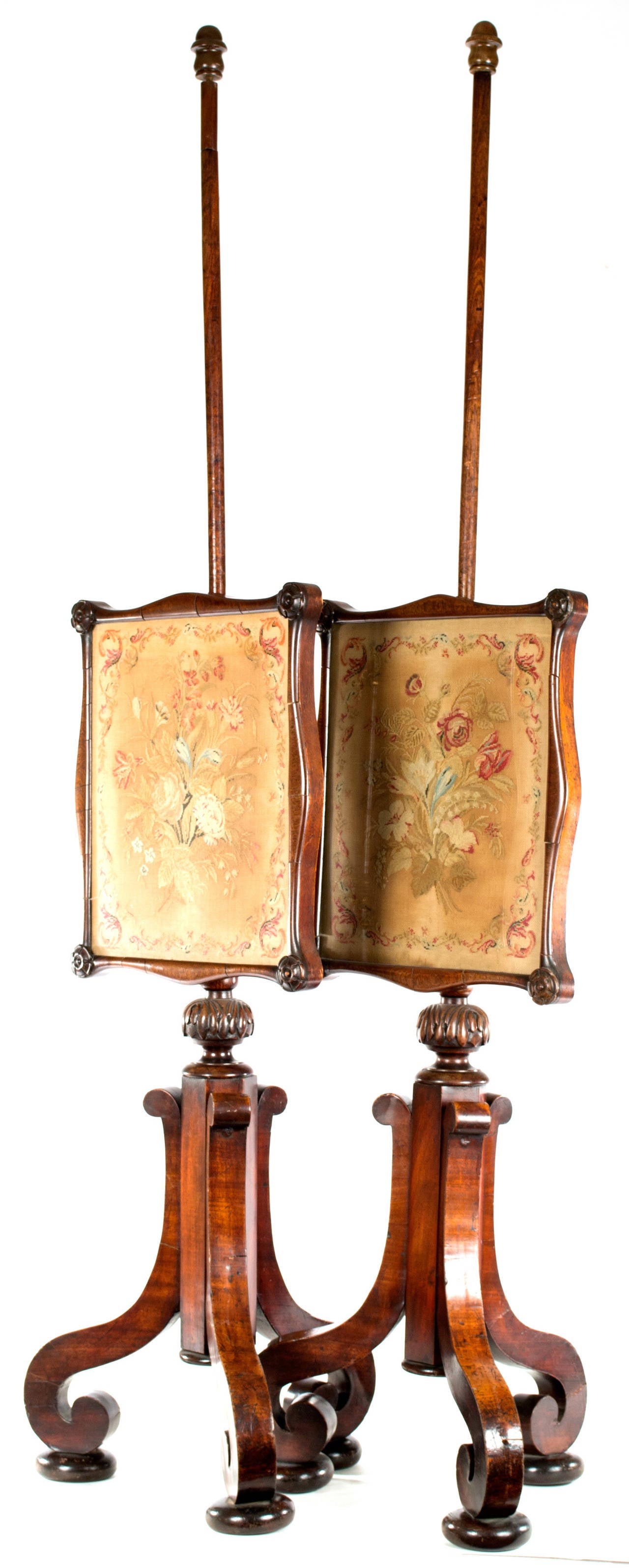 19th Century Pair of English Embroidered Mahogany Fire Screens For Sale