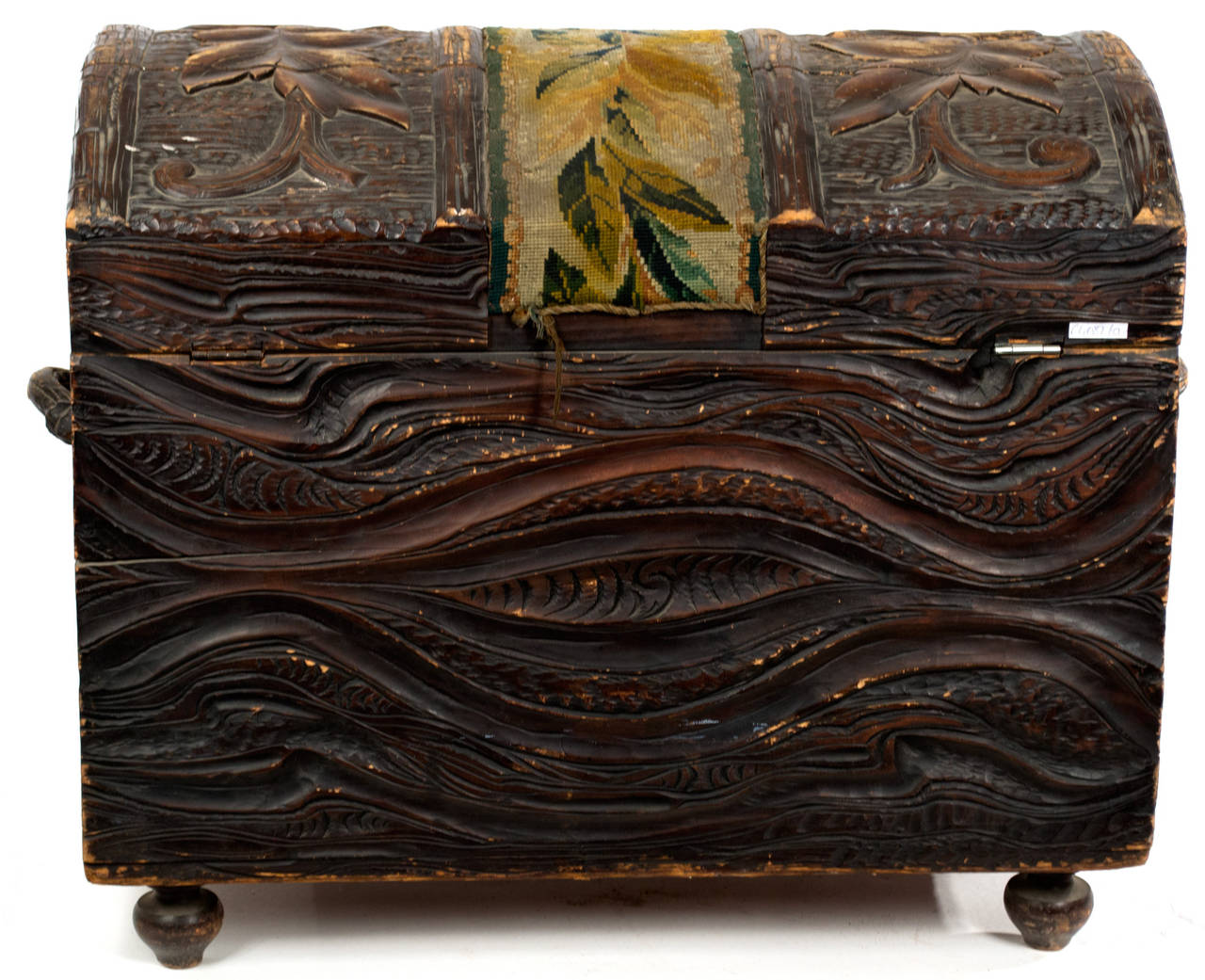 Hungarian Carved Tapestry Chest In Good Condition For Sale In Salt Lake City, UT