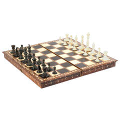 Vintage Turned Ivory and Horn Chess Set with Inlaid Board