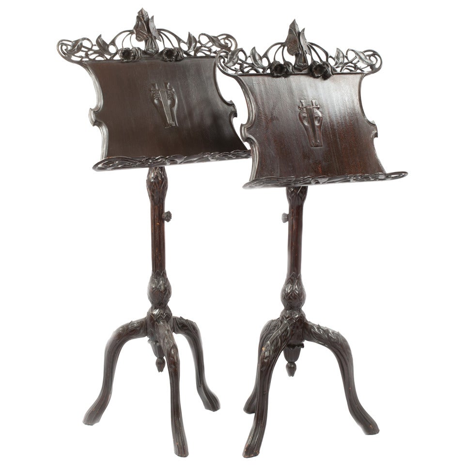 Pair of Art Nouveau Music Stands in Carved Mahogany