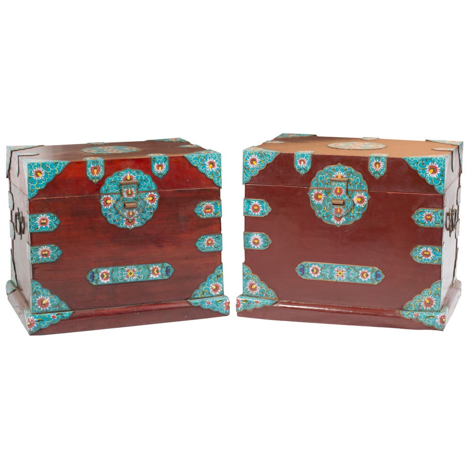 Pair of Mid-Century Mahogany Cloisonne Chests