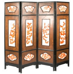 A Chinese Ebony and Walnut Screen with Porcelain Plaques