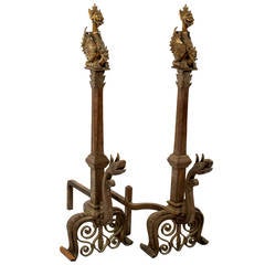 Pair of French Wrought Iron and Gilt Gothic Revival Andirons with Dragons