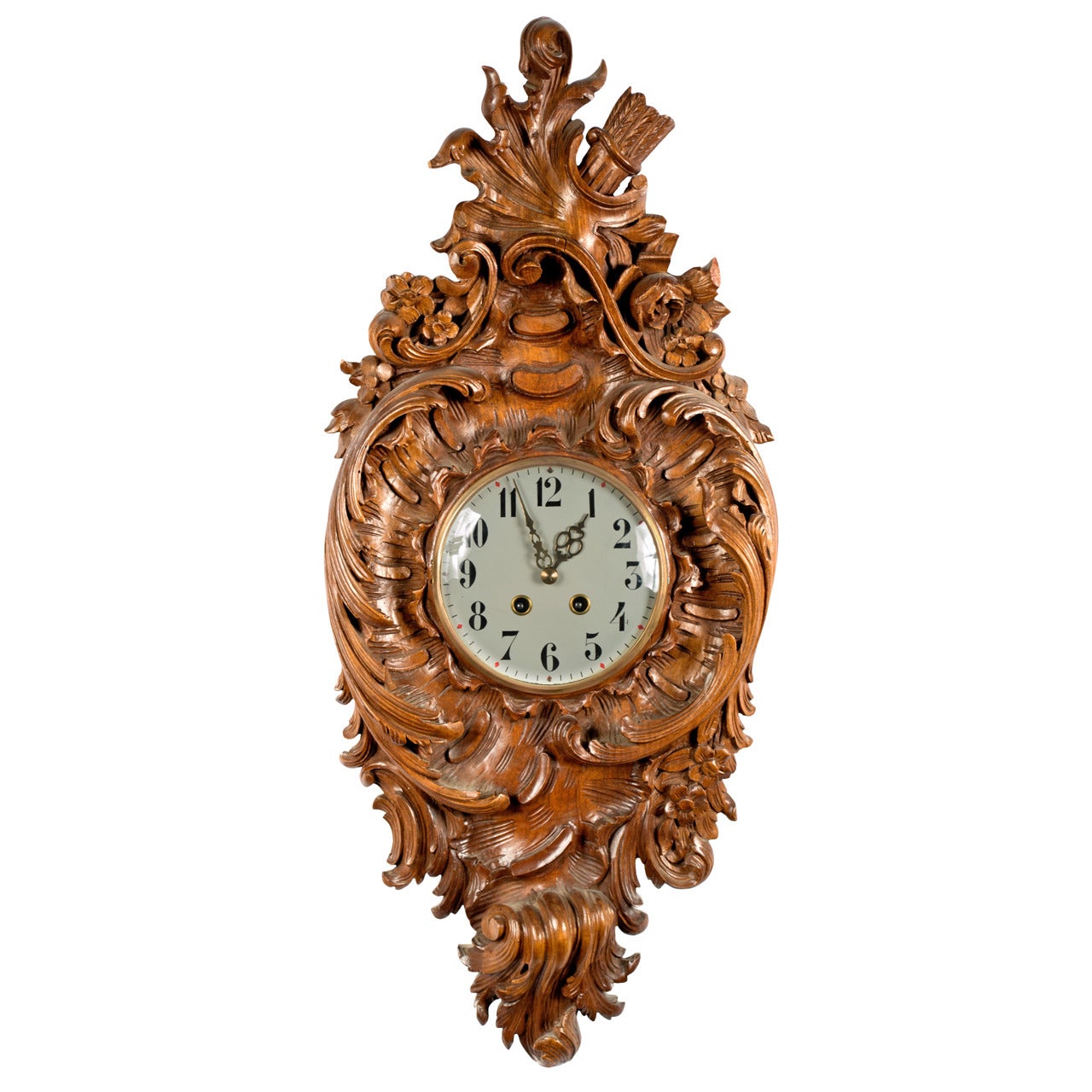 French Carved Walnut Rocaille Wall Clock For Sale