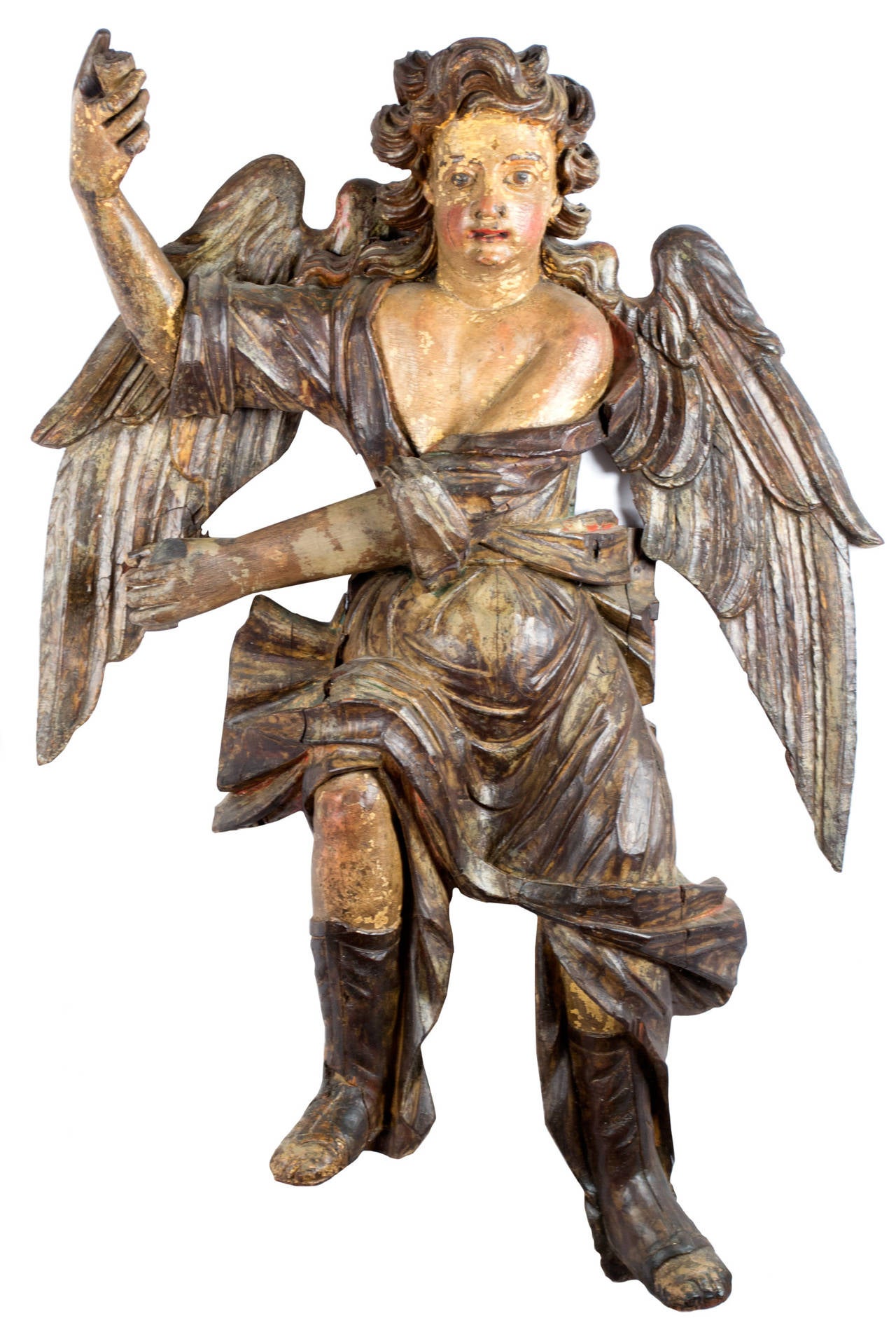 Pair of Large 17th-Century Italian Carved and Polychromed Angels In Distressed Condition In Salt Lake City, UT