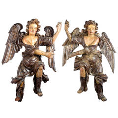Pair of Large 17th-Century Italian Carved and Polychromed Angels