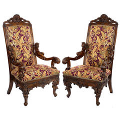 Pair of Monumental Italian Carved Walnut Armchairs