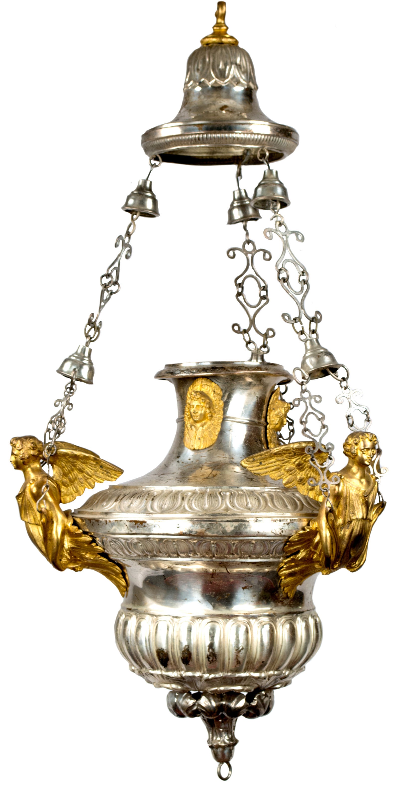 A large gilt censer chandelier with sculpted angels