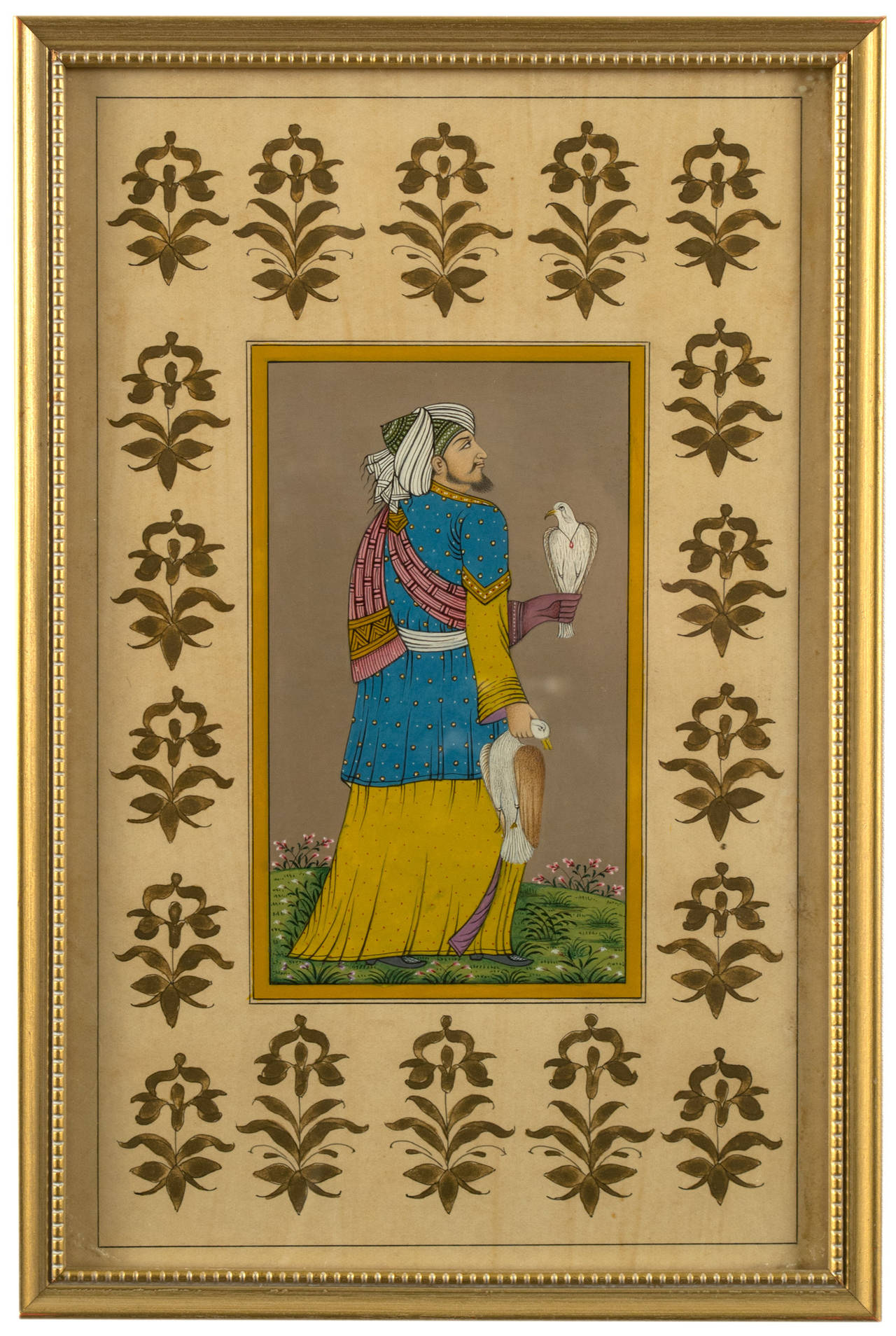 Four paintings, made in Lahore, each depicting key religious and political figures from the Mughal empire; painted with rich, jewel-like colors and embellished with gold painted borders.
Framed: 12.75