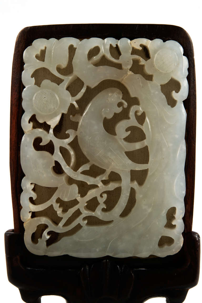 19th Century A Qing dynasty carved jade plaque with stand