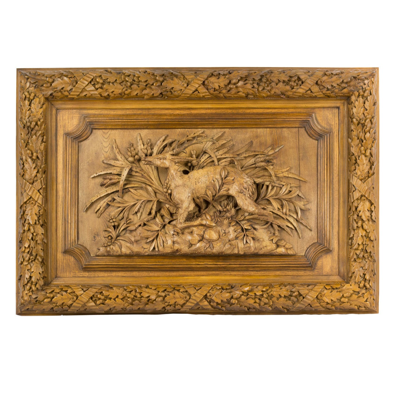 A Monumental French Oak Sculpted Plaque of Red Deer