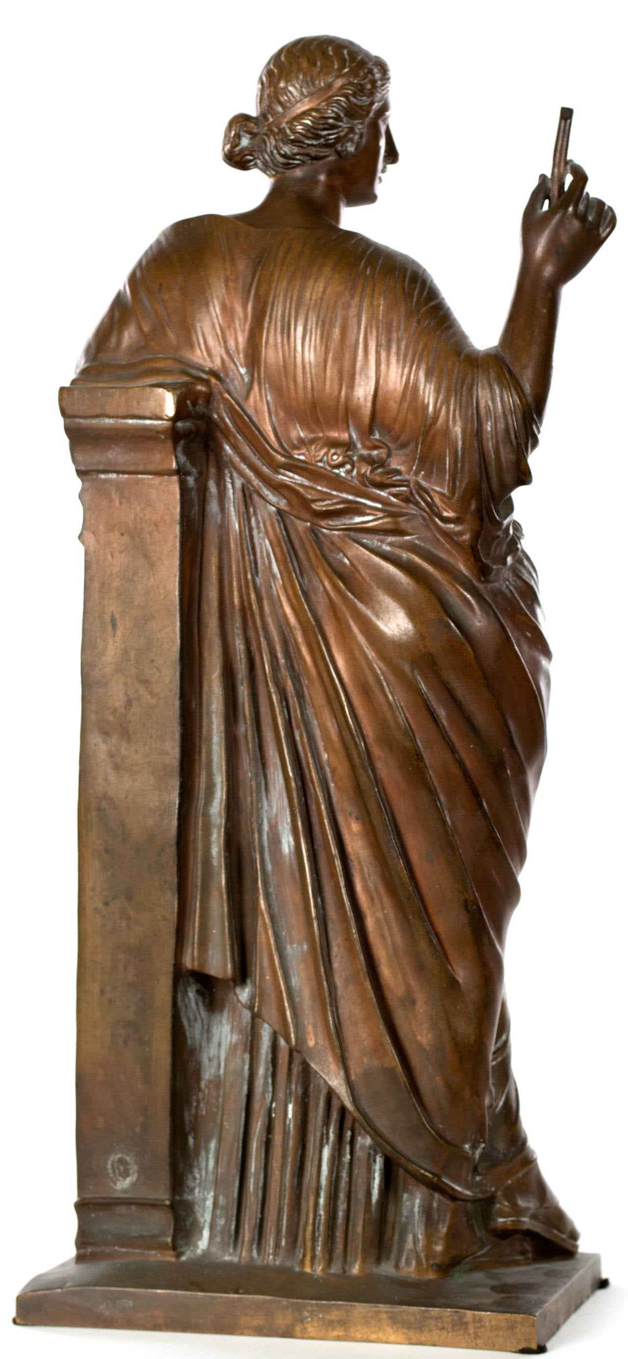 A fine bronze, cast by the renowned French foundry Barbedienne, of the mythical Greek muse Euterpe. The nine Muses were each daughters of Zeus and led by Apollo, the God of light and truth. Each Muse was responsible for inspiring mortals with