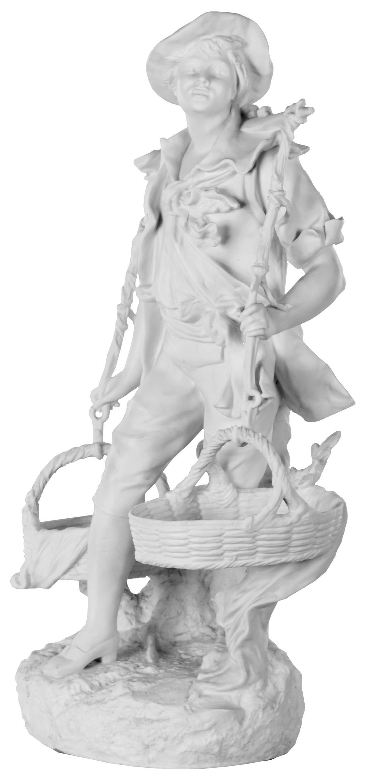 A French bisque porcelain sculpture of a young man carrying a load of two baskets traditionally used in harvesting grapes. The figure is dressed in Provincial, early-19th century costume and modeled with remarkable skill and confidence. Signed 