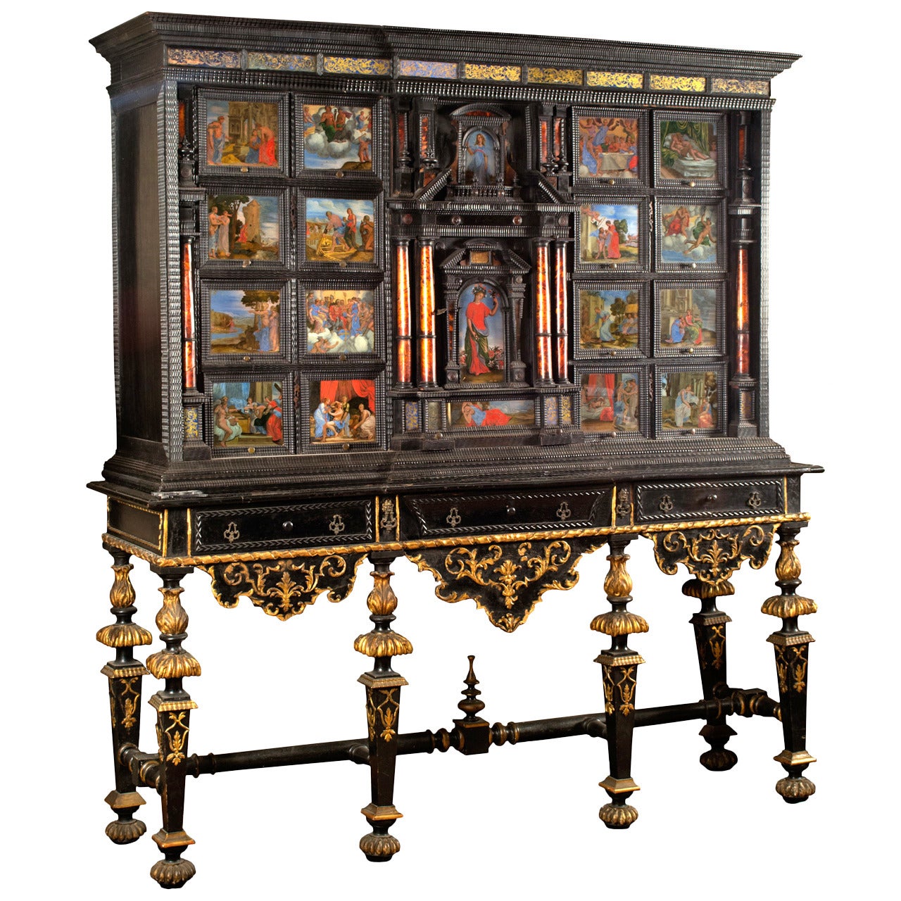 17th Century Cabinet on Stand with Églomisé Panels Depicting Cupid and Psyche