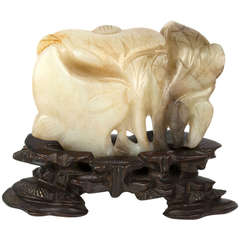 Carved White and Russet Jade Boulder or Sacred Mountain on Stand