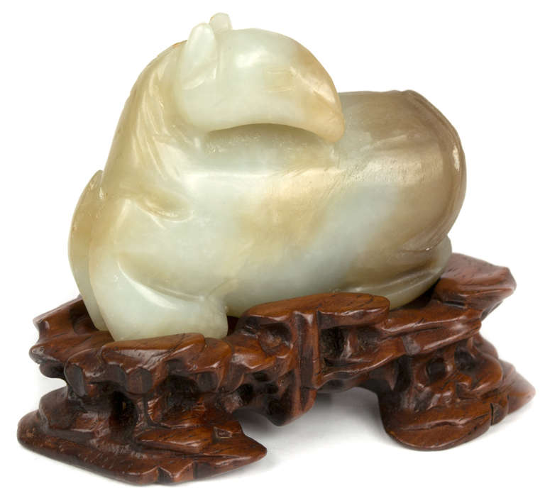 Carved Celadon and Russet Jade Horse on Wood Stand