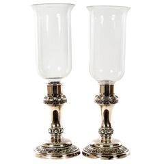 Pair of English Sterling Candlesticks with Blown Glass Inserts