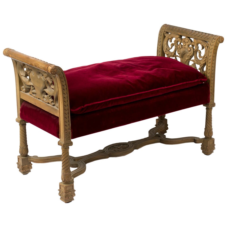 Italian Carved Bench with Red-Velvet Seat For Sale