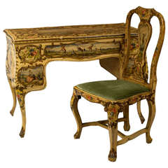 Painted Venetian Rococo Style Desk and Chair