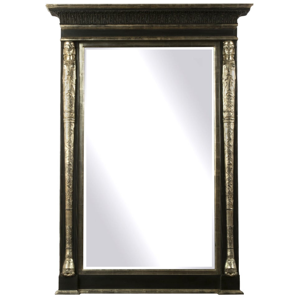 Large Ebonized and Silvered Tabernacle Framed Bevelled Mirror For Sale