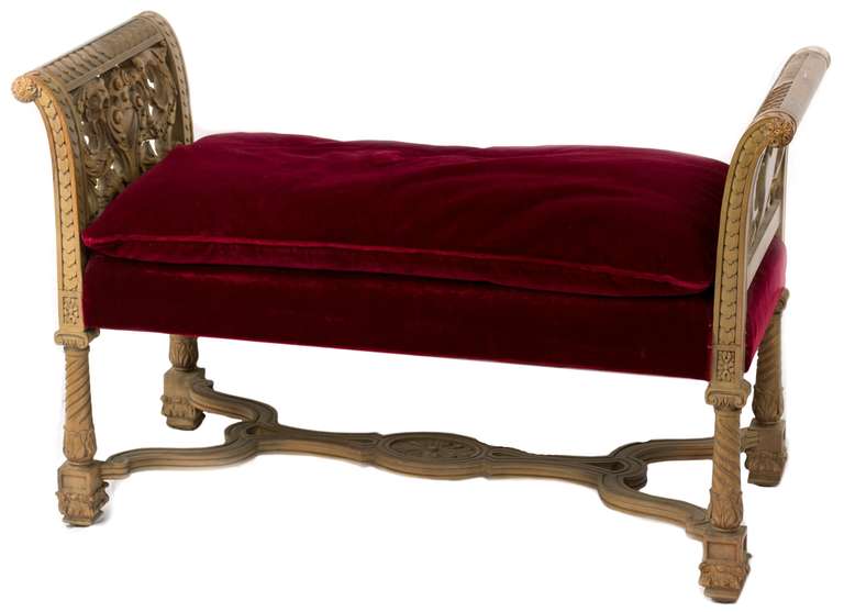 Italian Carved Bench with Red-Velvet Seat In Good Condition For Sale In Salt Lake City, UT