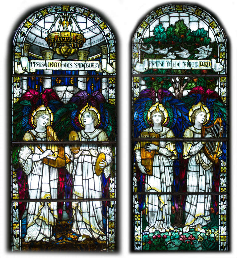 The two windows were made by James Powell & Sons, Ltd. — formerly Whitefriars Glass, founded c. 1680. Many of the designers at Powell & Sons worked concurrently with William Morris, including Edward Burne-Jones (1833 — 1898), William de Morgan (1839