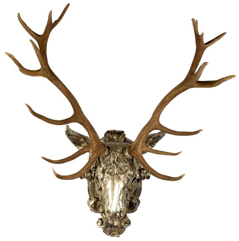 19th Century Red-Deer Horns on Gilt Mount