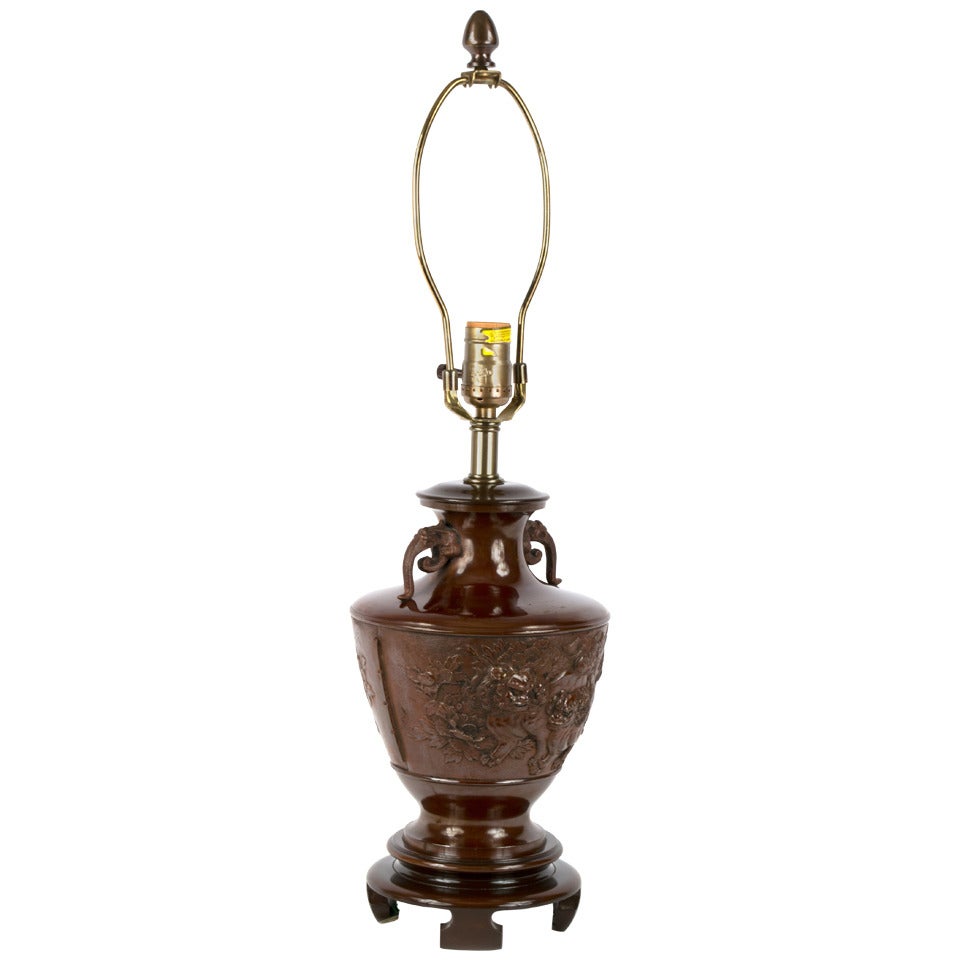 19th Century Bronze Chinese Baluster Lamp with Temple Lions For Sale