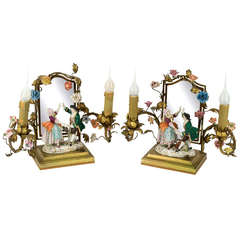Pair of Dresden Porcelain and Ormolu Boudoir Lamps