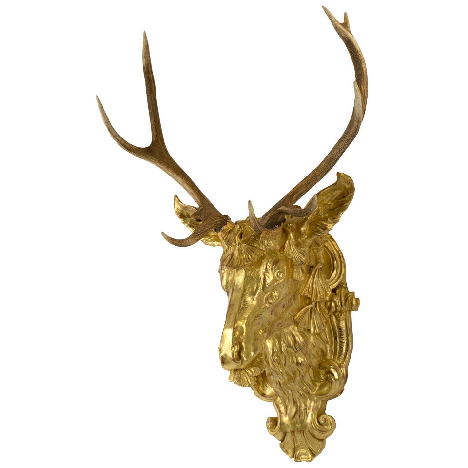 19th Century Red Deer Antlers Mounted on Gilt Stag Head For Sale