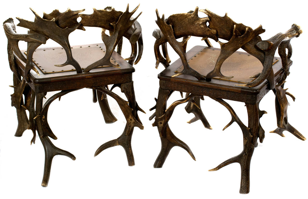 European Pair of Black Forest Antler Armchairs with Leather Seats