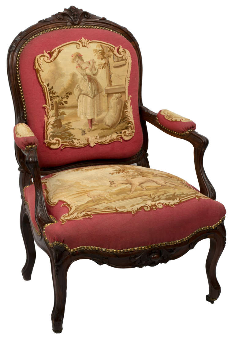 French Set of Rosewood Napoleon III Aubusson Salon Sofa and Chairs For Sale