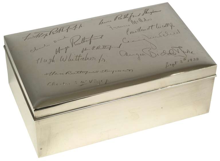 This Sterling Silver Cigar Humidor was given to Guy Gerard Rutherfurd, son of Winthrop Rutherfurd upon his wedding to Miss Georgette Whelan, daughter of Mr. and Mrs. Sidney Smith Whelan on September 8, 1938 in New York City, by his groomsmen.

Guy