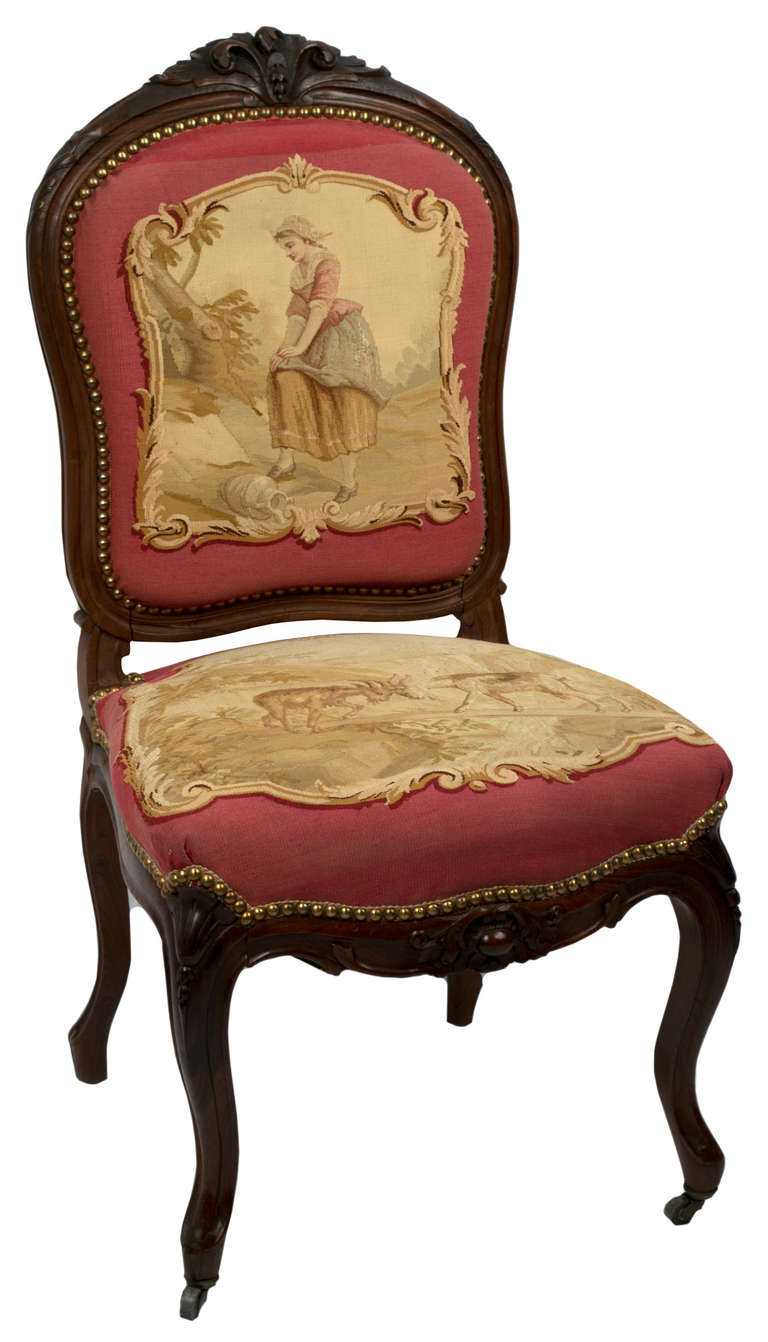 Carved Set of Rosewood Napoleon III Aubusson Salon Sofa and Chairs For Sale