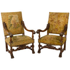 Pair of Louis XIV French Tapestry Fauteuils