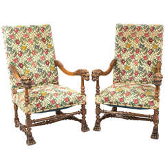 Antique Pair of French Louis XIII Style Walnut Fauteuils