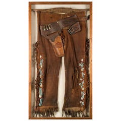 Antique Pair of Framed Beaded Leather Pants with Gun Holster